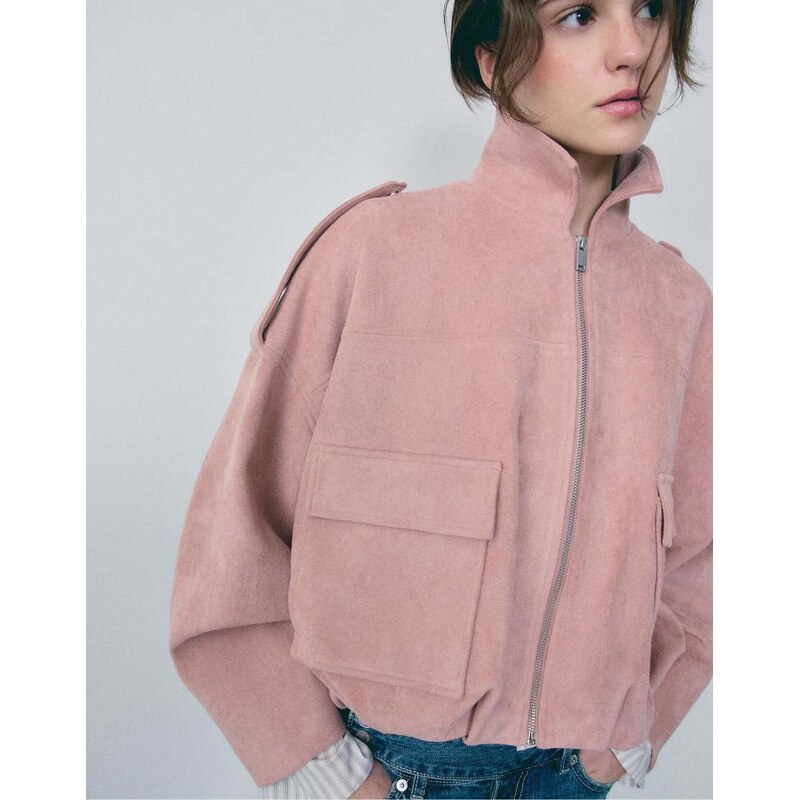 Stradivarius Faux suede bomber jacket in pastel pink 114343374