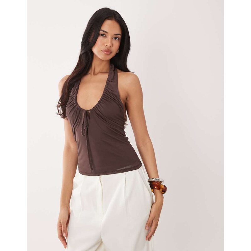 ASOS DESIGN mesh u scoop ruched halter neck top in brown