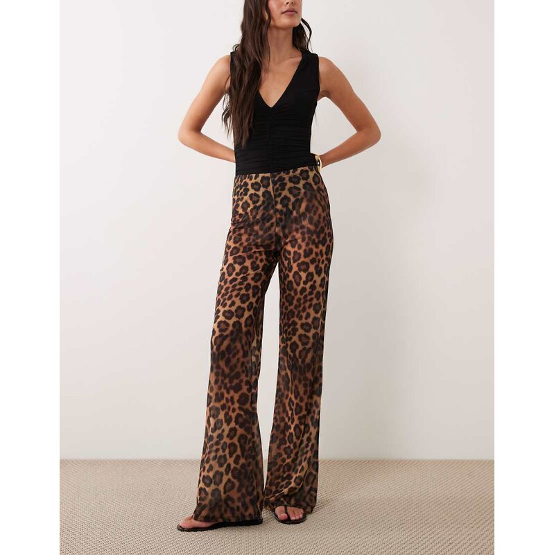 ASOS DESIGN flared sheer mesh trousers in leopard print-Multi