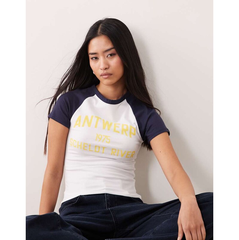 ASOS DESIGN Raglan baby tee with Antwerp location graphic in