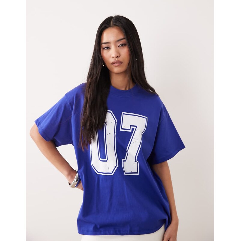 ASOS DESIGN oversized t-shirt with varsity number in blue