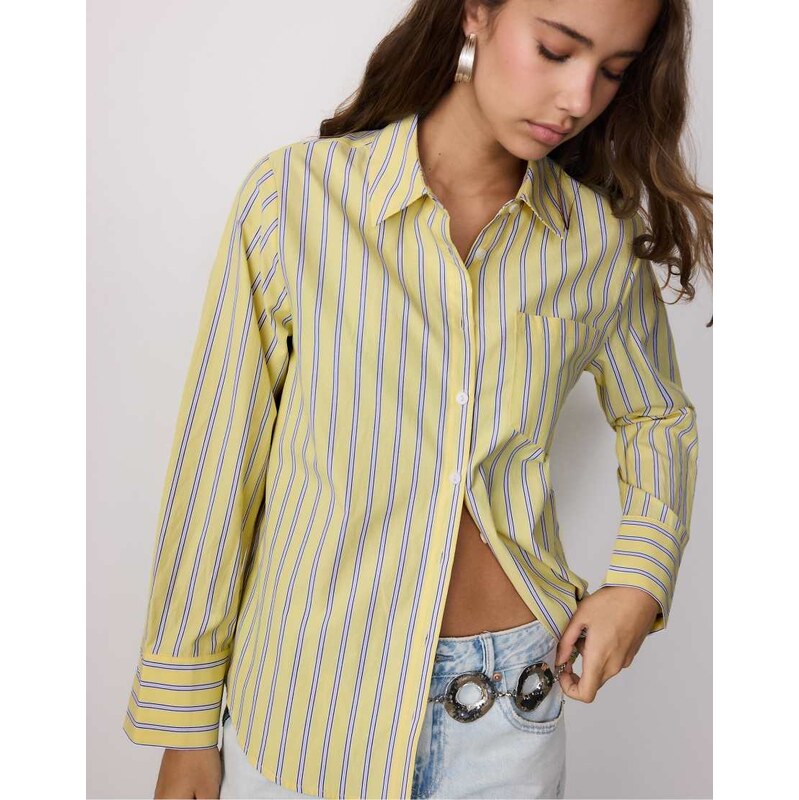 Stradivarius Basic striped poplin shirt with pocket in pastel yellow 114450889