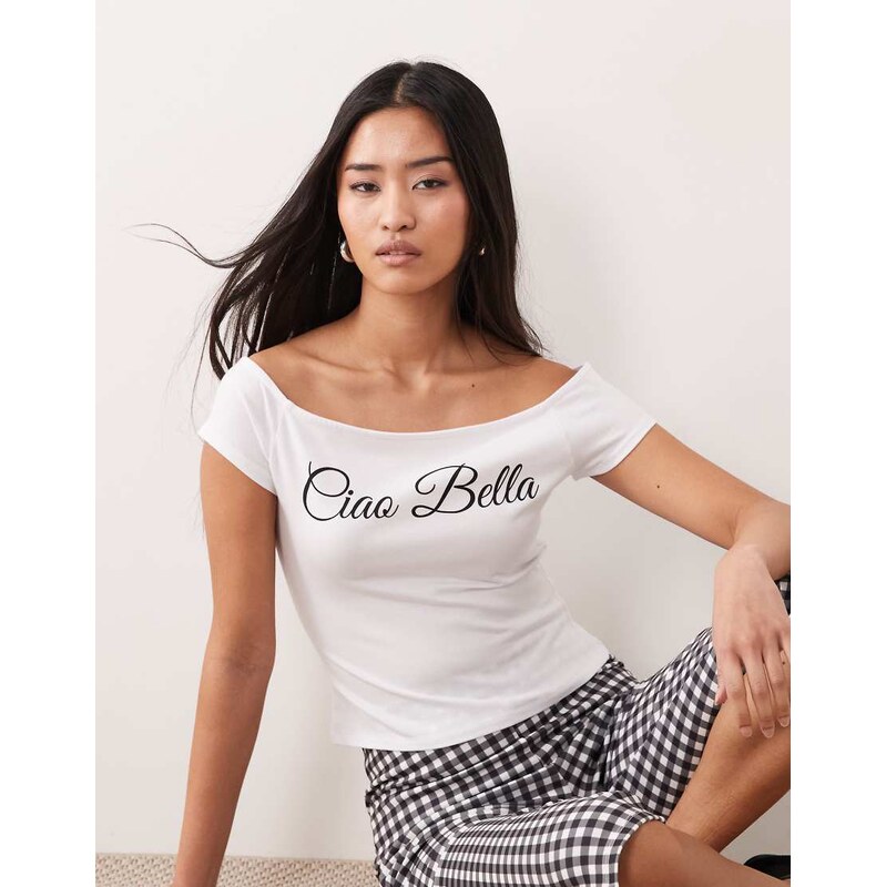 ASOS DESIGN Off shoulder baby tee with Ciao Bella graphic in