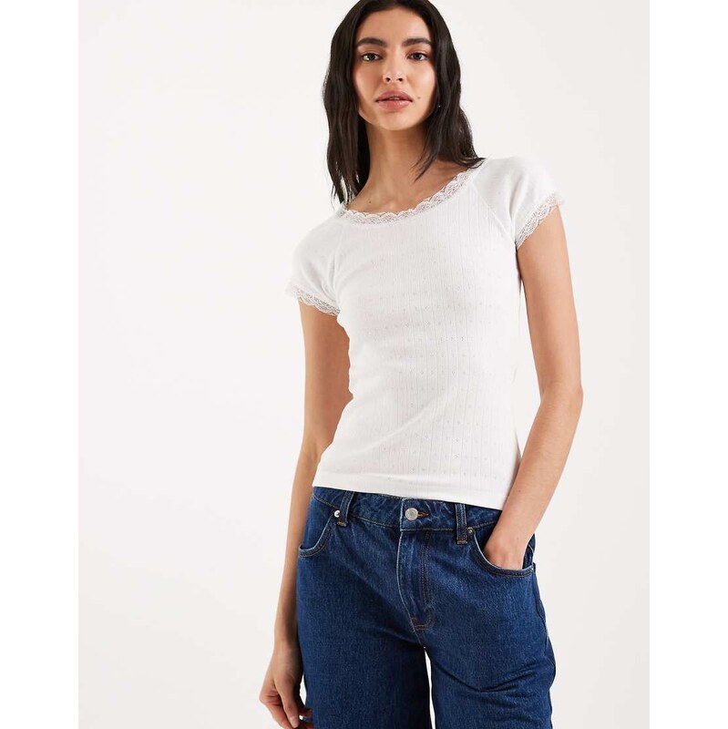 Brave Soul pointelle t-shirt with lace trims in white 114587935