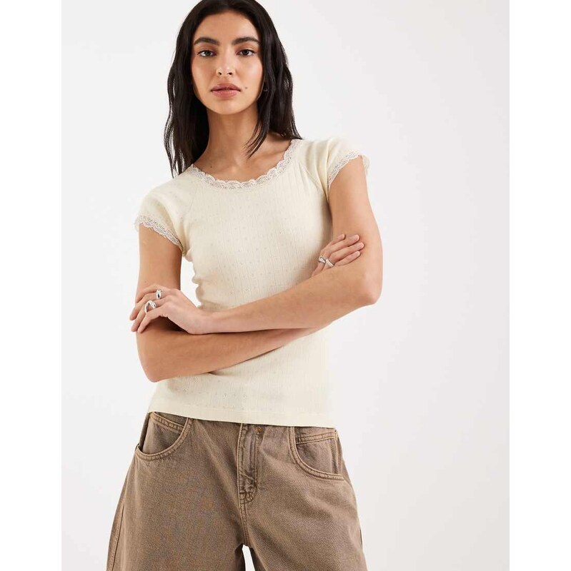 Brave Soul pointelle t-shirt with lace trims in pale yellow