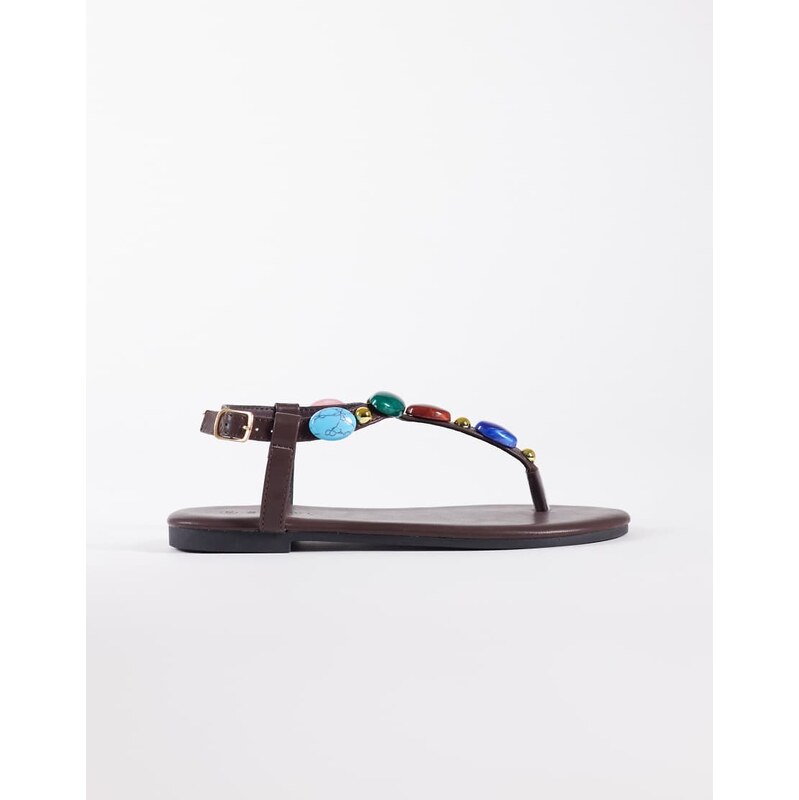 SEQWL embellished strappy flat sandals in coffee-Brown