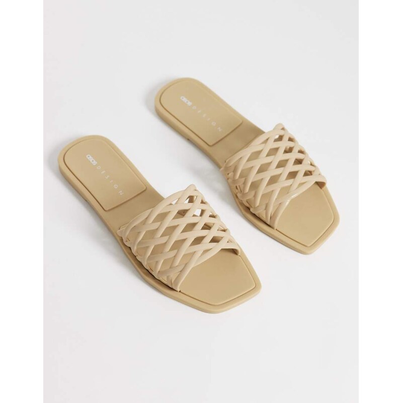ASOS DESIGN Faris woven jelly flat mules in taupe-Grey 114523111