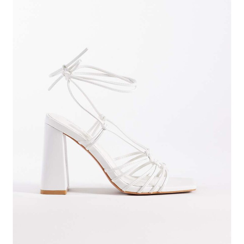 Public Desire Wide Fit Misty tie leg block heeled sandals in white 114523157