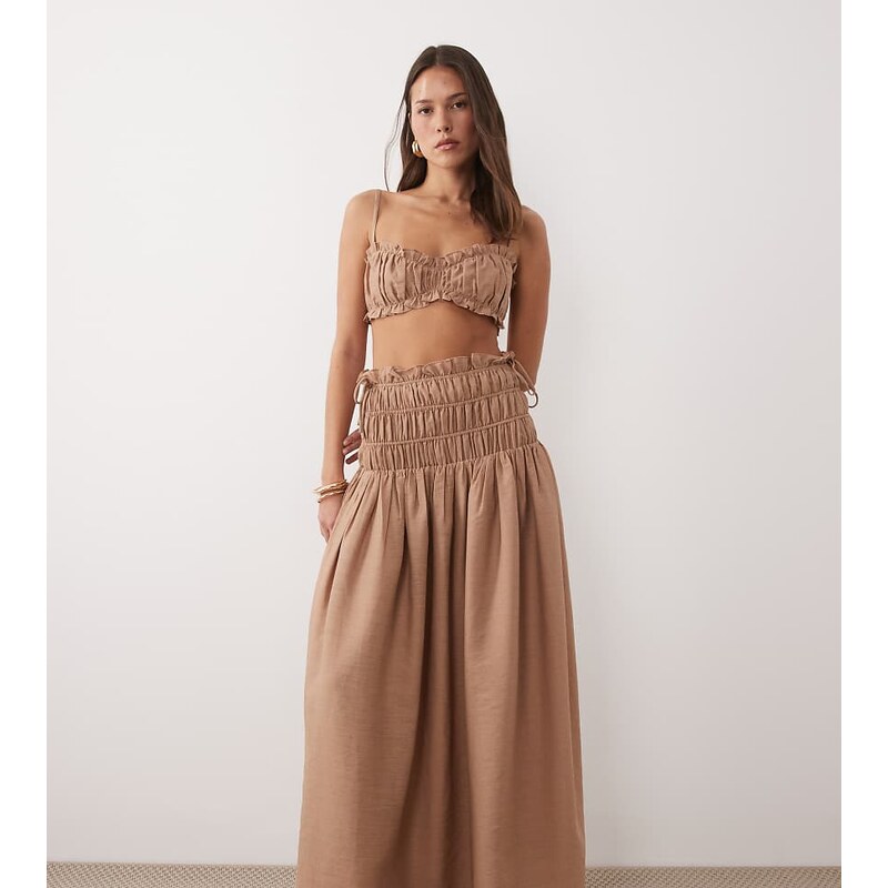 Wanderdoll Soulie linen look shirred dropped waist tie detail