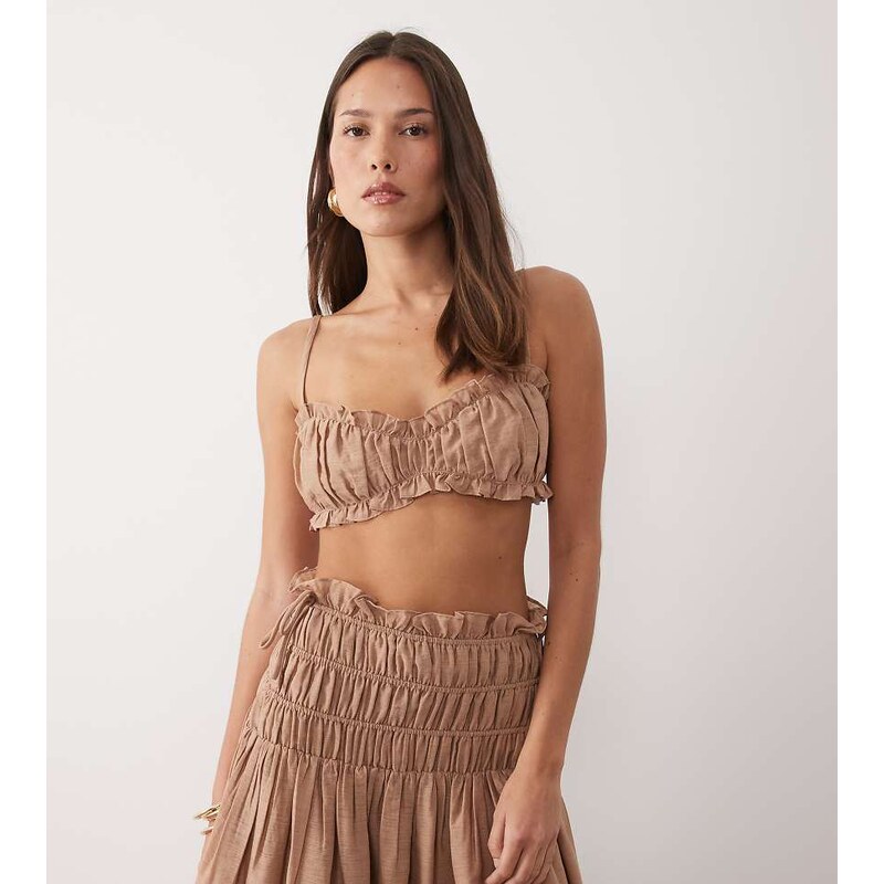 Wanderdoll Soulie linen look ruched tie back crop top co-ord in