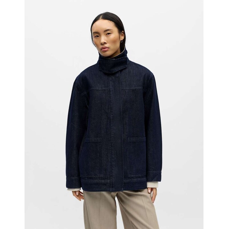 Object funnel neck denim jacket with contrast collar in dark blue 115507547