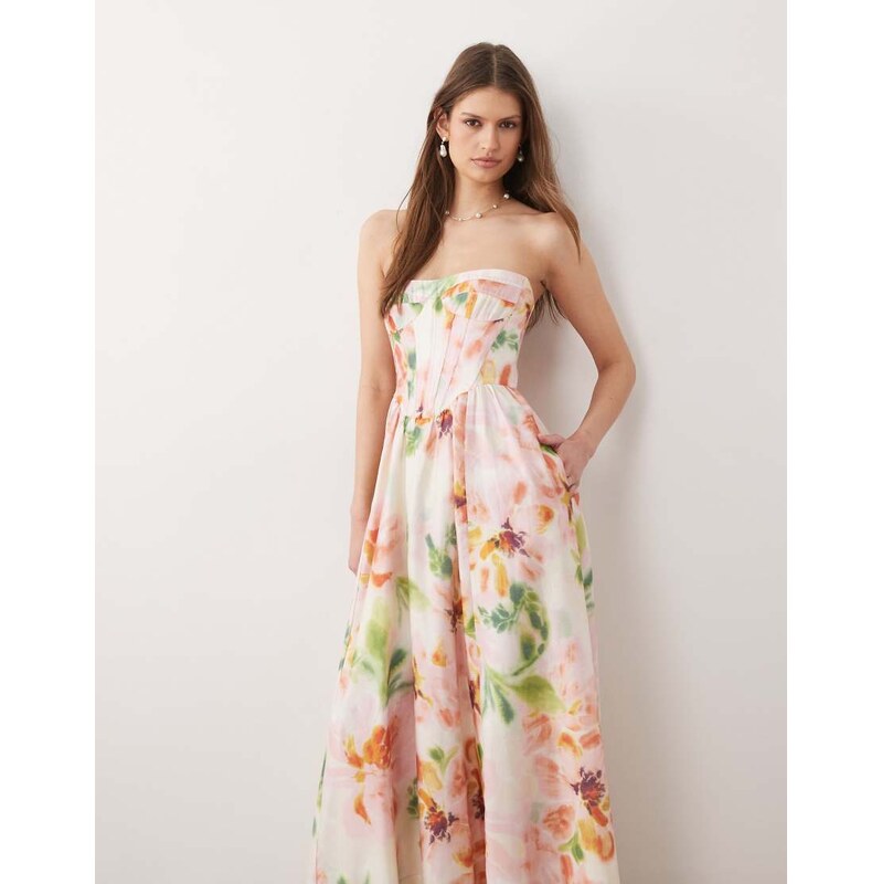 Bardot Lola bandeau boned corset detail maxi dress in blurred