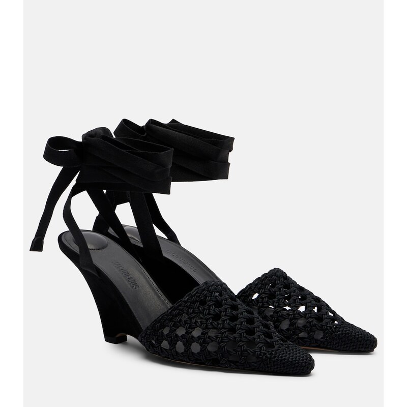 Jacquemus Woven raffia-effect wedges ženy v barvě černá