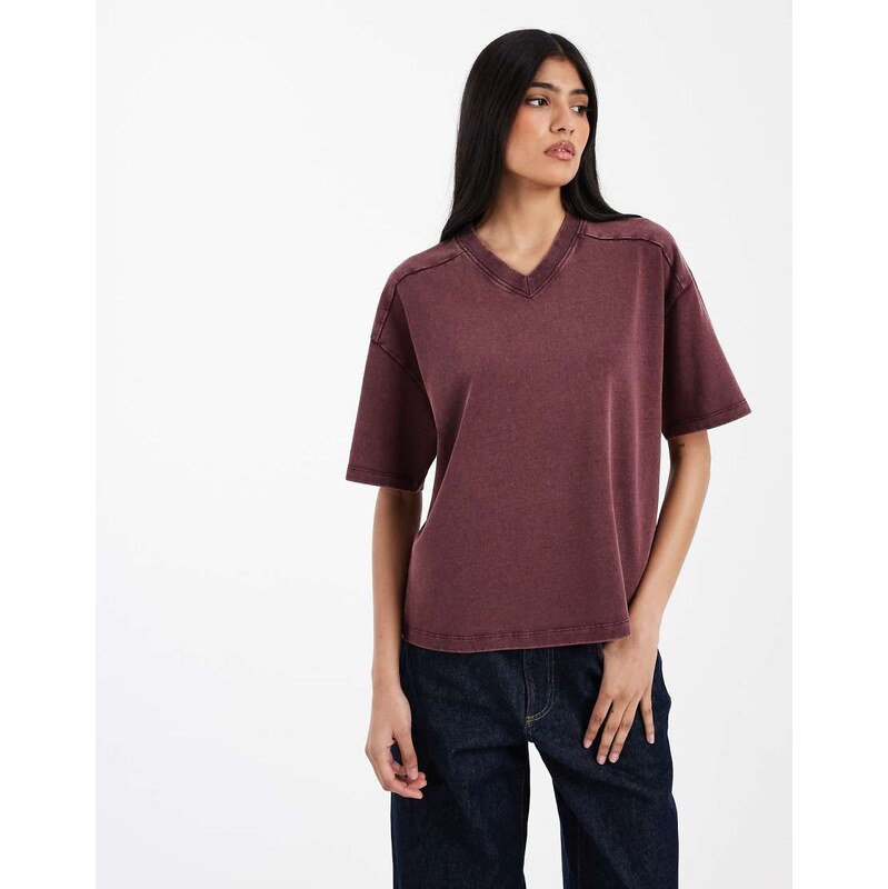 ASOS DESIGN regular fit v neck detail tee in washed in burgundy
