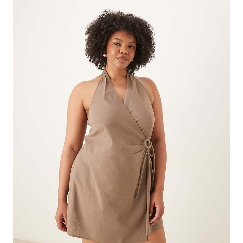 ASOS Curve ASOS DESIGN Curve cotton linen halter neck wrap mini 114351221