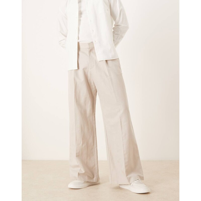 ASOS DESIGN smart pleated linen rich loose leg trousers in stone