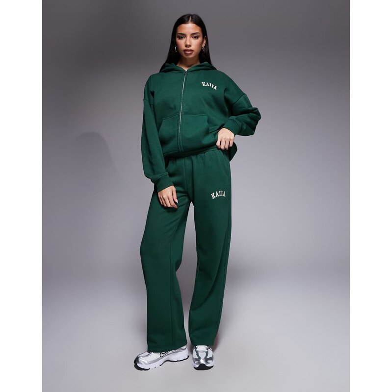 Kaiia cotton rich embroidered logo wide leg joggers co-ord in forest 114450700