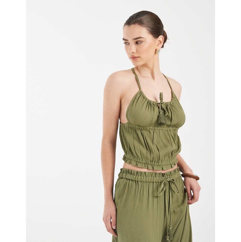 Aray beach halterneck crop top in khaki-Green