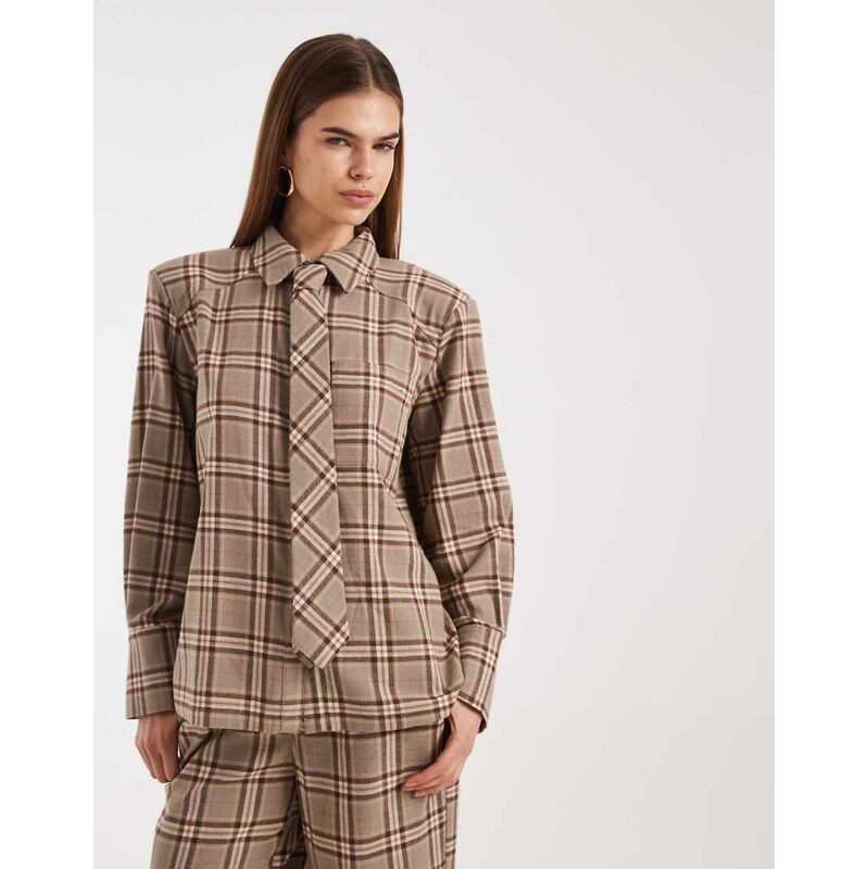 4th & Reckless brushed cotton shoulder pad tie detail shirt co-ord in 114413540
