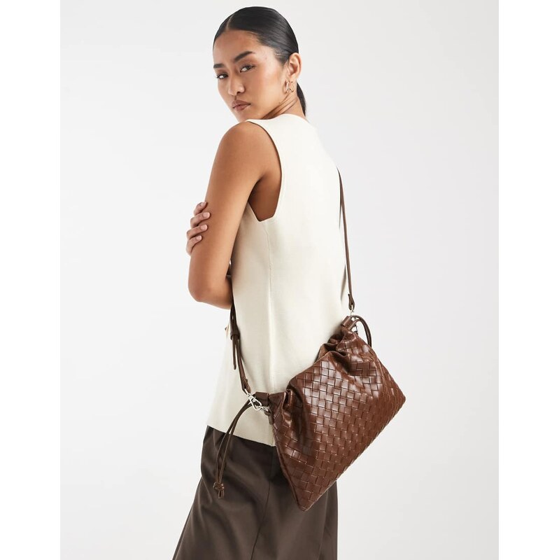 PASQ woven drawstring crossbody bag in dark brown 114540971