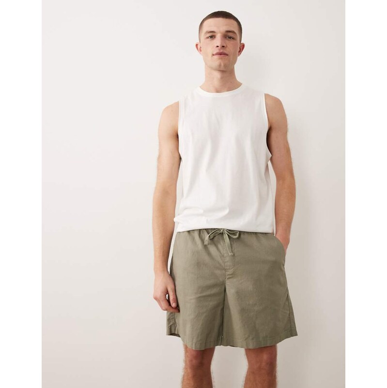 ASOS DESIGN wide linen blend shorts in mid length in khaki-Green