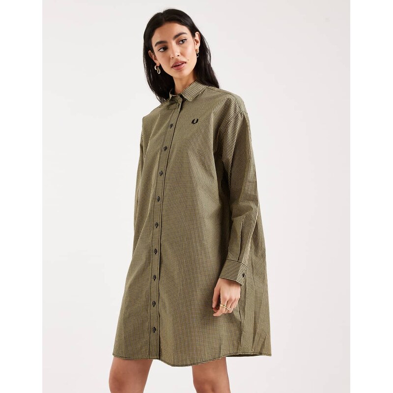 Fred Perry long sleeve chequerboard logo shirt midi dress in black and 114523265