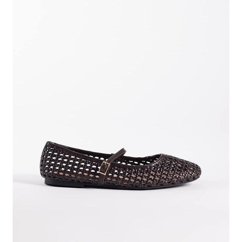New Look Wide Fit woven Mary Jane flat in brown 114866947