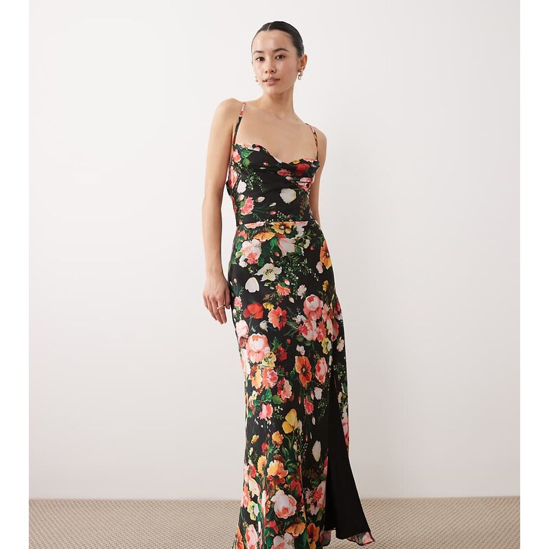 Hope & Ivy Petite satin cami maxi dress in black floral 115502608