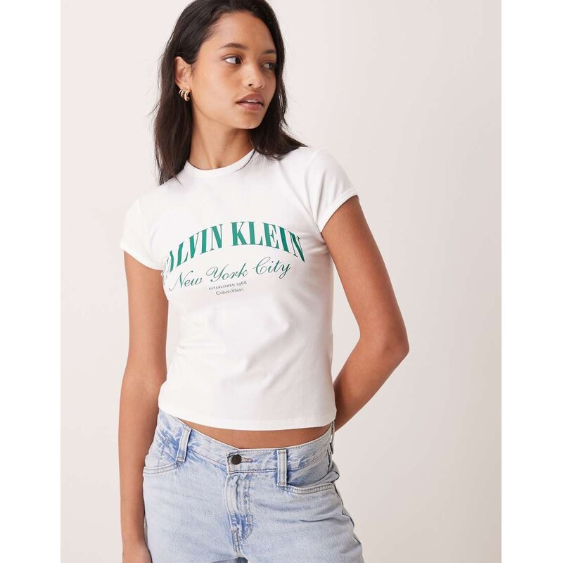 Calvin Klein Jeans heritage logo baby tee with emerald script writing in white - WHITE