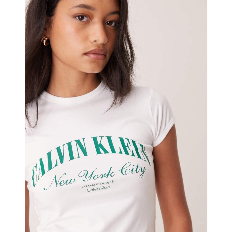 Calvin Klein Jeans heritage logo baby tee with emerald script writing in white - WHITE