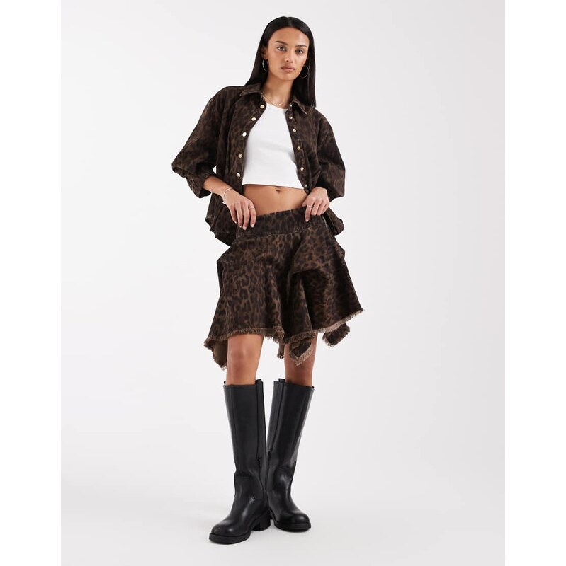 AllSaints crissy denim hanky hem mini skirt in brown leopard print 114375349