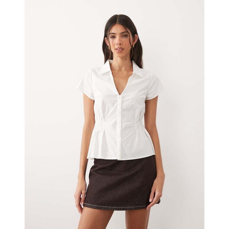 Gina Tricot cotton rich cinched waist crinkle blouse in white
