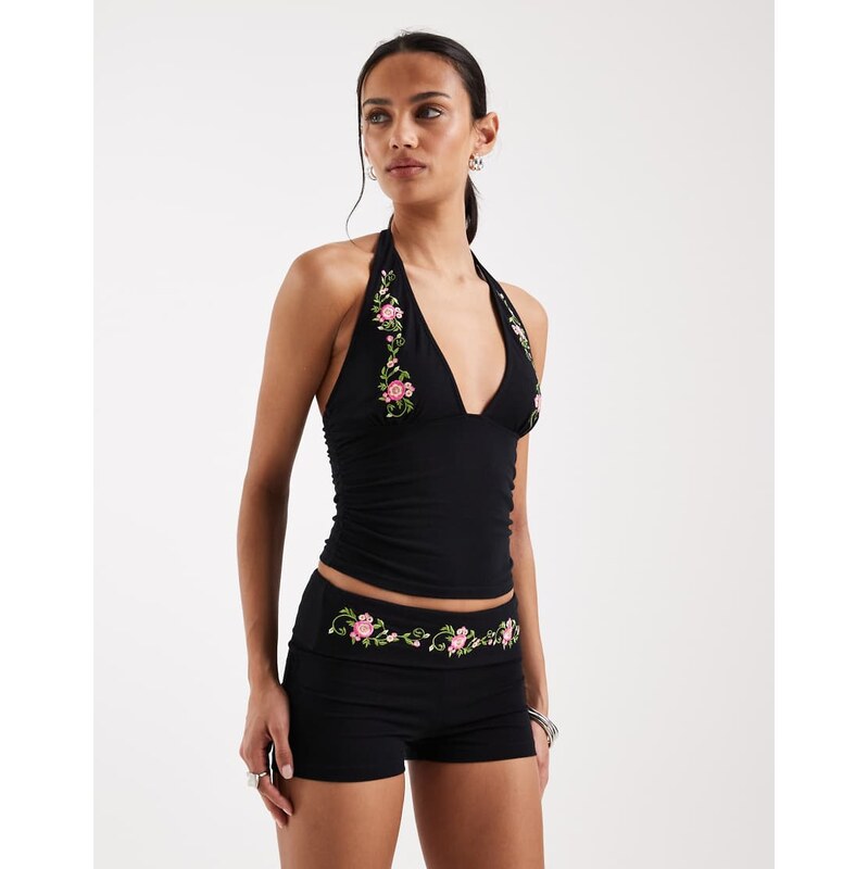 Motel co-ord Cosmo halter floral detail top in black