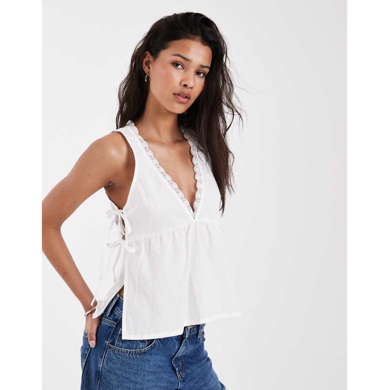 Motel Fawkha tie waist poplin halter top in white