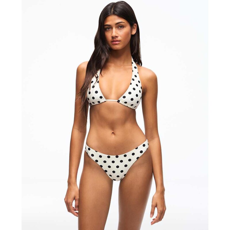 Bershka Polka dot halter bikini top in ecru-White