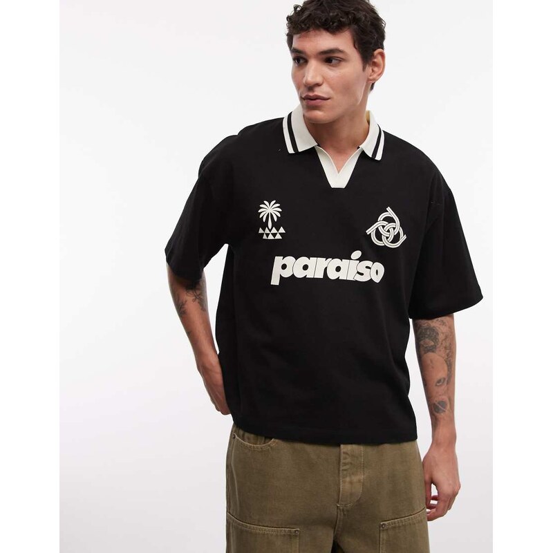 ASOS DESIGN boxy oversized polo with football graphics in black