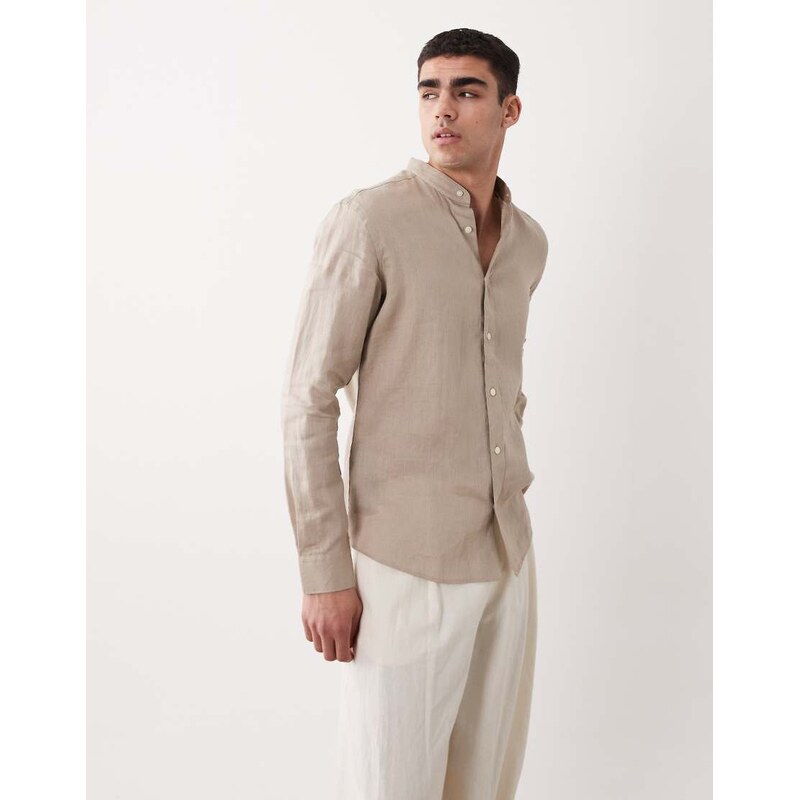 Mango 100% linen mao neck log sleeve shirt in beige-Neutral