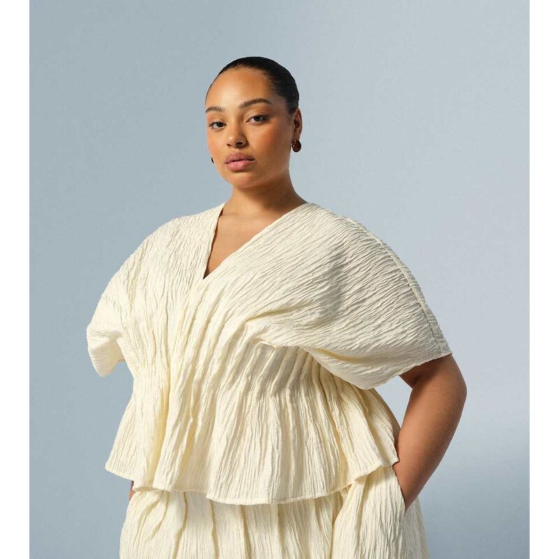 ARRANGE Curve crinkle texture cinched waist top co ord in cream-White 114375209