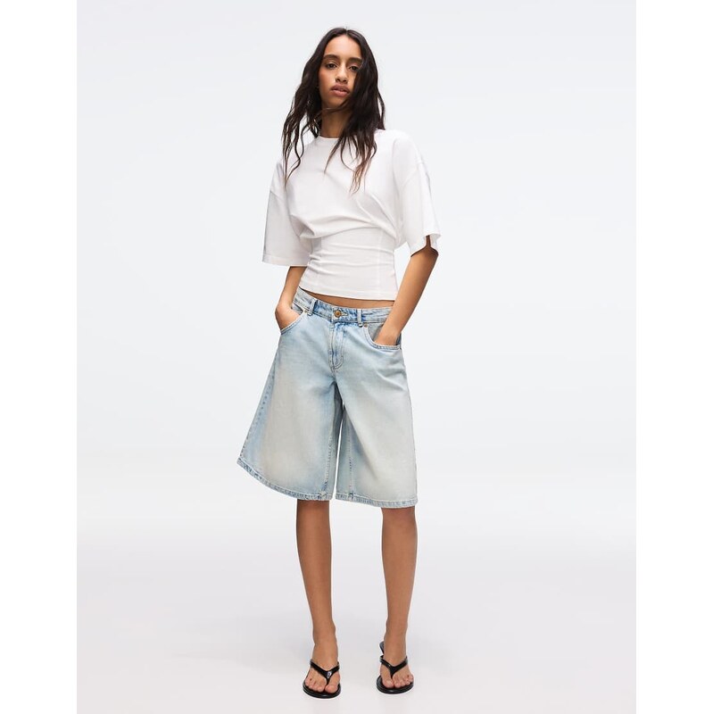 Bershka Baggy denim jort bermuda shorts in mid blue