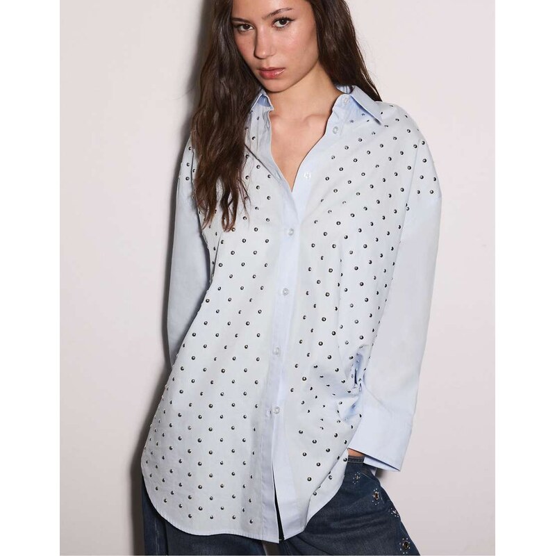 Stradivarius Oversize stud shirt in sky blue 114375512