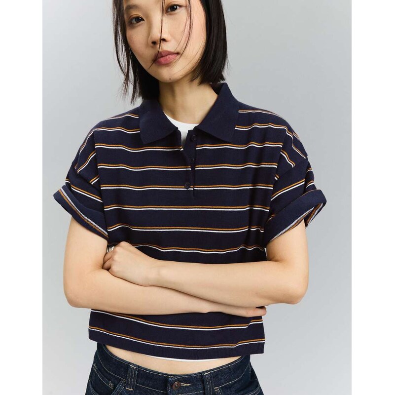 Bershka Striped polo collar jumper in blue-Navy 114377727
