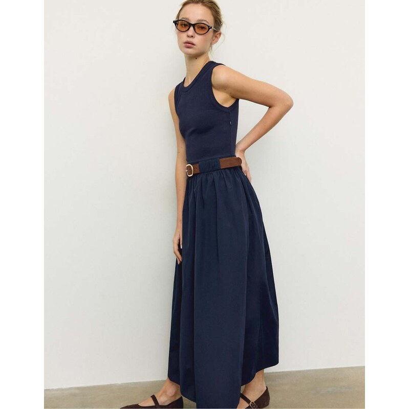 Stradivarius Two-material sleeveless midi dress with belt in dark blue 115491666