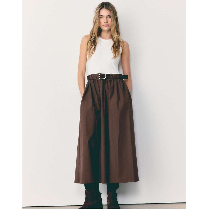 Stradivarius Two-material sleeveless midi dress with belt in brown 114375539