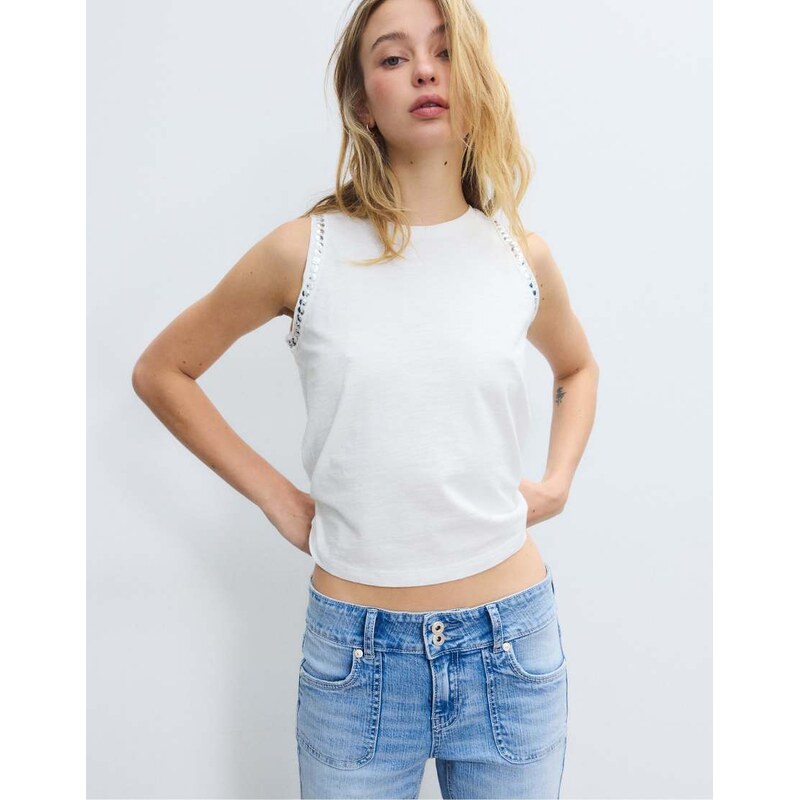 Stradivarius Sleeveless t-shirt with stud embroidery in ecru
