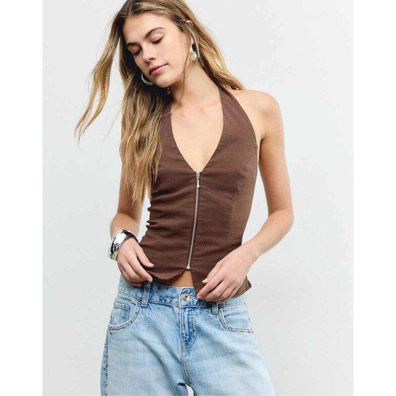 Stradivarius Bengaline halter top in brown 114375573