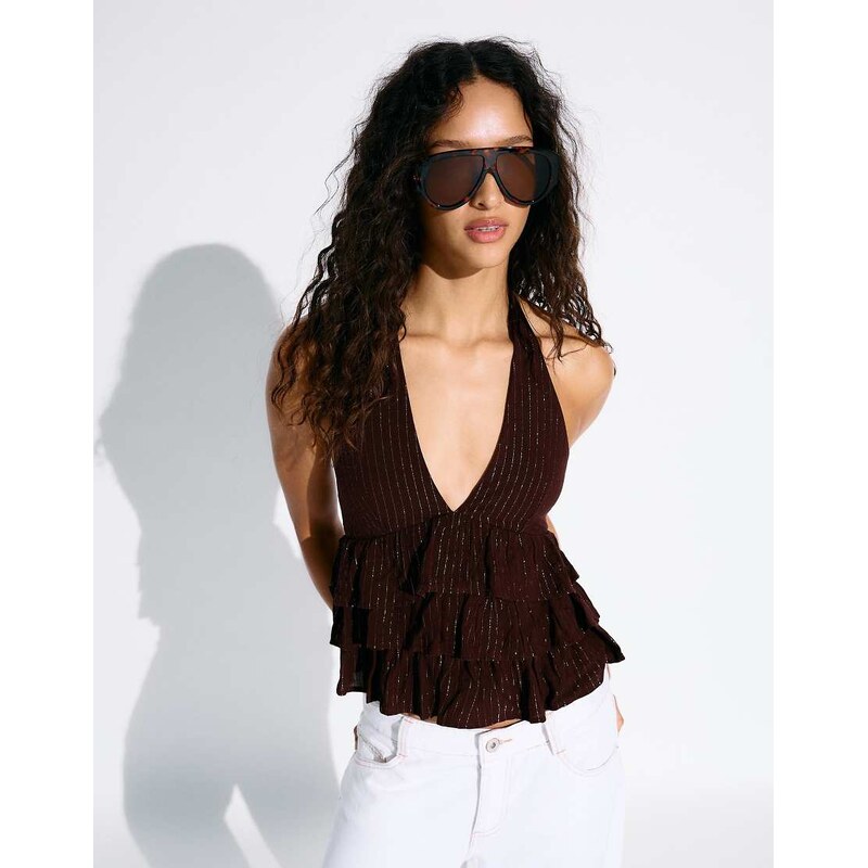 Bershka Shimmery ruffle top in brown