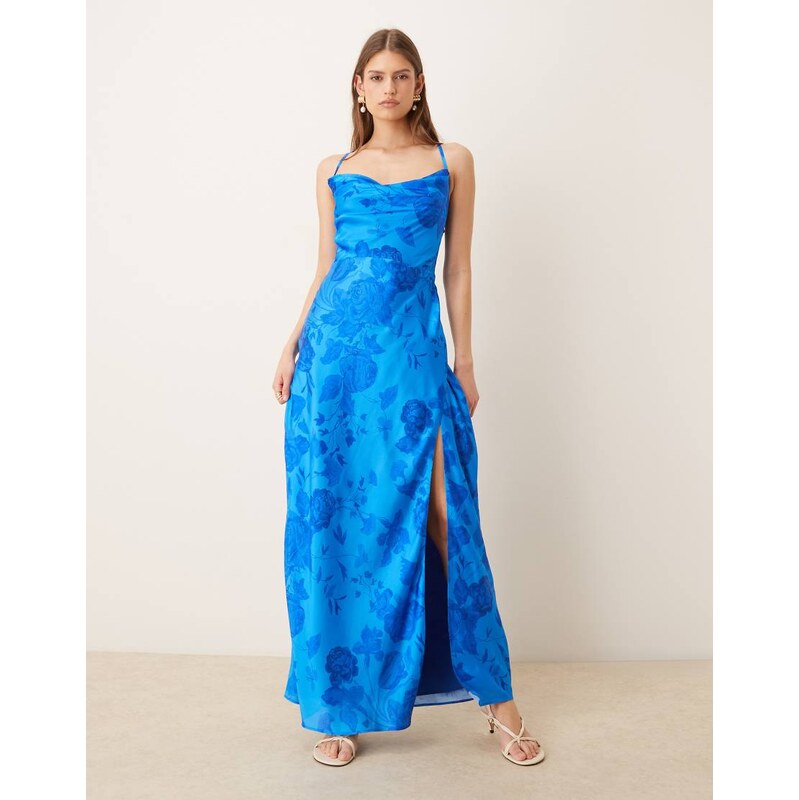 Hope & Ivy satin cowl neck open tie back thigh split maxi dress