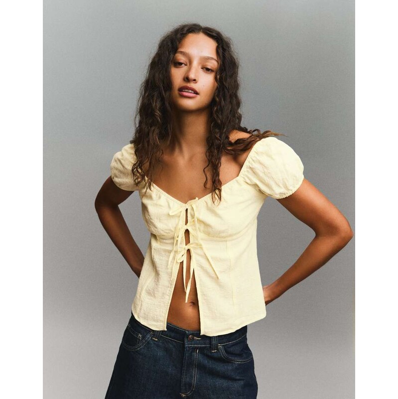 Bershka Rustic blouse with ties in yellow