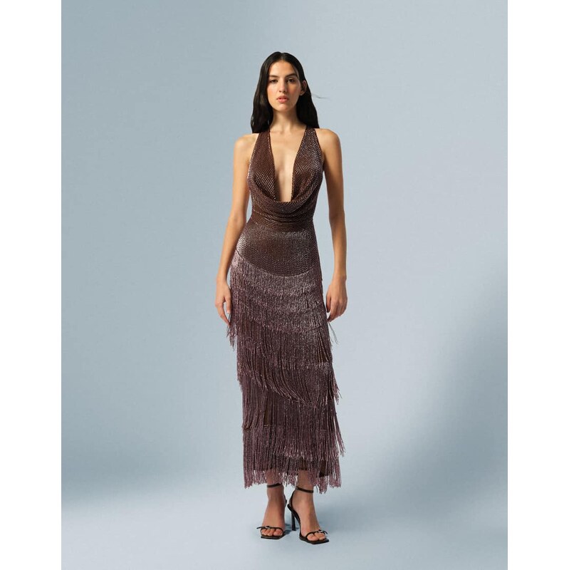 ARRANGE beaded fringe plunge cowl maxi dress in chocolate-Brown