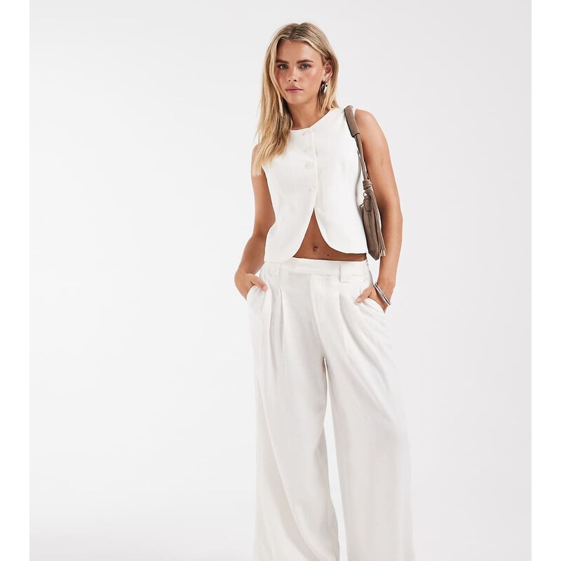 ONLY Petite linen blend tailored wide leg trousers co-ord in white 115552245